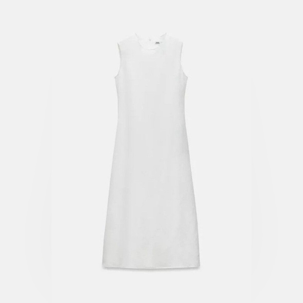 ZARA WOMEN LINEN BLEND MIDI DRESS ZW COLLECTION OYSTER WHITE SMALL 8135/100/251